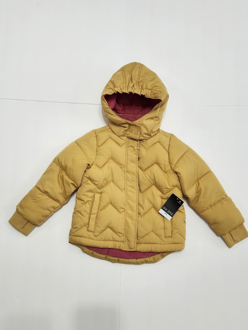 Okie Dokie Girl's Hooded Puffer Jacket - Mustard Size 3T Zip And Snap Fastener